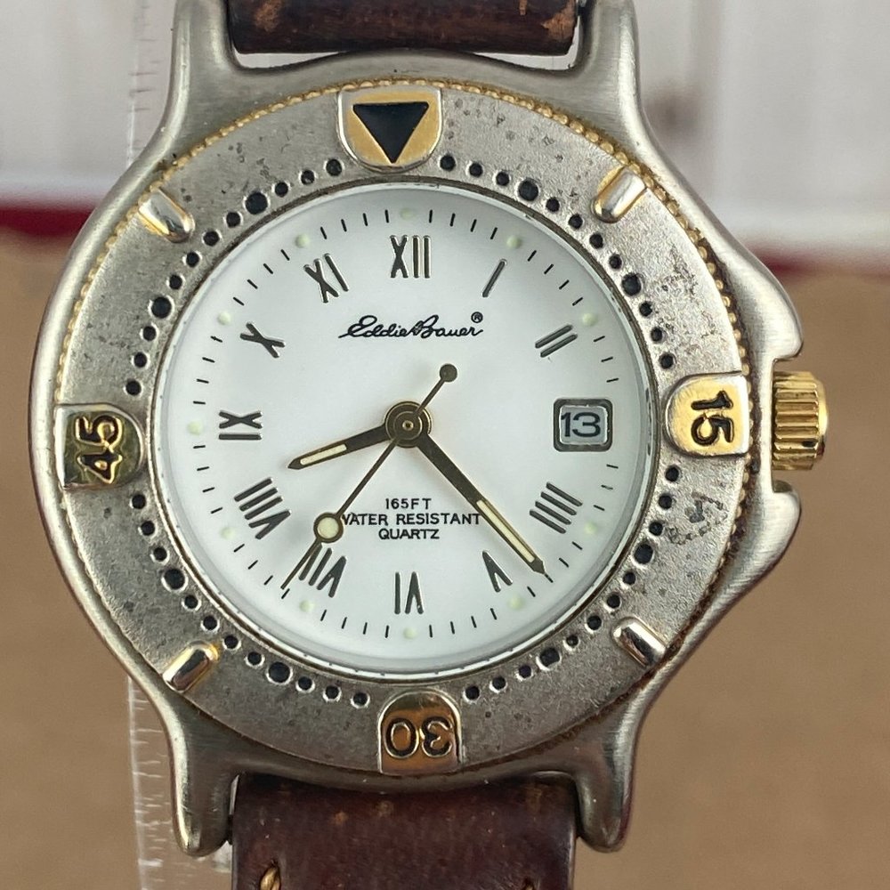 Vintage 2 Tone Eddie Bauer Sport Watch Rotating Coin Bezel, Date, 8" Brown Strap
